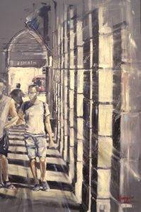 Maurizio Tangerini: dipinto di insegna Hermes a Bologna sotto i portici