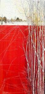 Paesaggio con prato rosso e alberi dipinto da Maurizio Tangerini